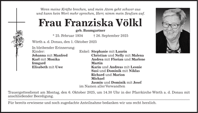 Traueranzeige Franziska Völkl