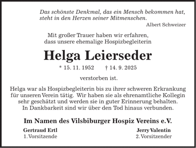Traueranzeige Helga Leierseder