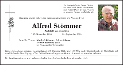 Traueranzeige Alfred Stömmer