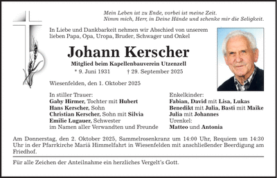 Traueranzeige Johann Kerscher