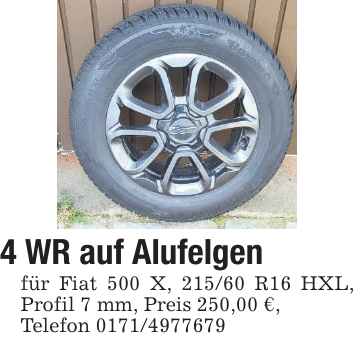4 WR auf Alufelgen für Fiat 500 X, 215/60 R16 HXL, Profil 7 mm, Preis 250,00 €, Telefon 0171/4977679