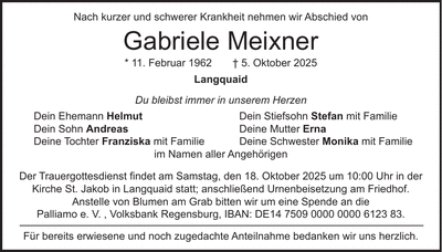 Traueranzeige Gabriele Meixner