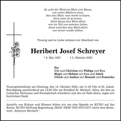 Traueranzeige Heribert Josef Schreyer