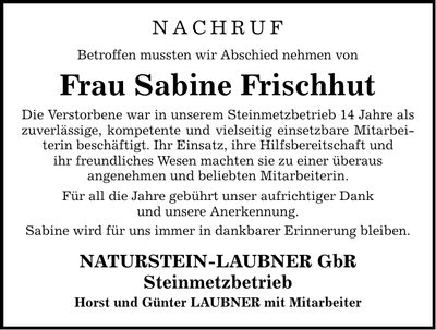 Traueranzeige Sabine Frischhut