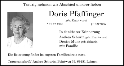 Traueranzeige Doris Pfaffinger