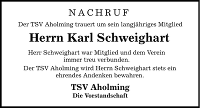 Traueranzeige Karl Schweighart