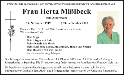 Traueranzeige Herta Mißlbeck