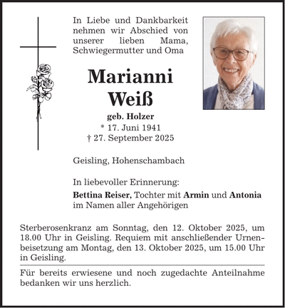 Traueranzeige Marianne Weiß