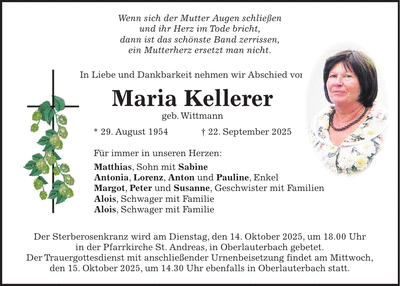Traueranzeige Maria Kellerer