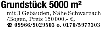 Grundstück 5000 m²mit 3 Gebäuden, Nähe Schwarzach /Bogen, Preis 150 000,- €,_ 09966/9029503 o. 0170/5977303