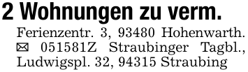 2 Wohnungen zu verm.Ferienzentr. 3, 93480 Hohenwarth. _ 051581Z Straubinger Tagbl., Ludwigspl. 32, 94315 Straubing