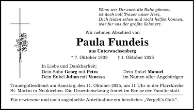 Traueranzeige Fundeis Paula