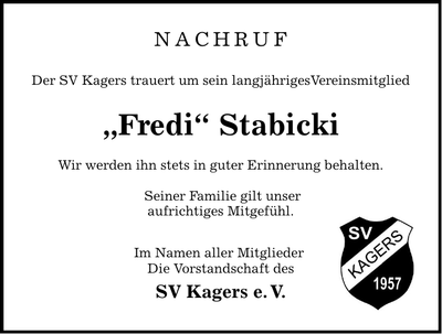 Traueranzeige Stabicki Fredi