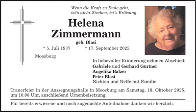 Traueranzeige Helena Zimmermann