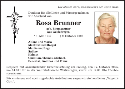 Traueranzeige Rosa Brunner