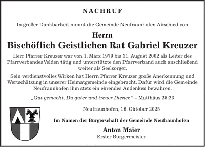 Traueranzeige Gabriel Kreuzer