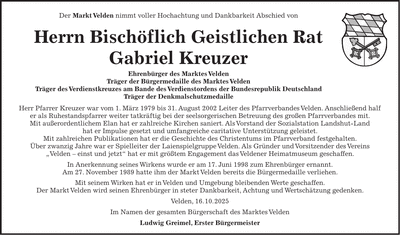Traueranzeige . Bischöflich Geistlichen Rat Gabriel Kreuzer