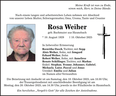 Traueranzeige Rosa Weiher