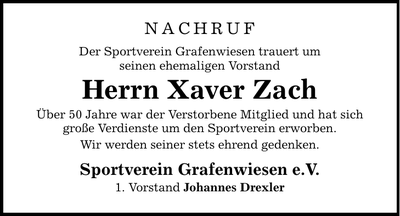 Traueranzeige Xaver Zach