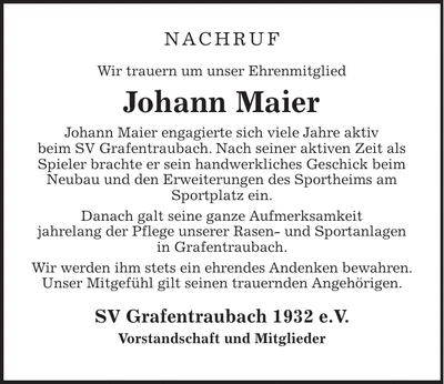 Traueranzeige Johann Maier Johann