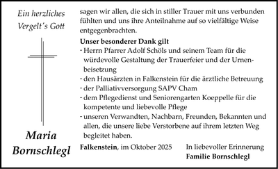 Traueranzeige Maria Bornschlegl