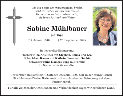 Traueranzeige Sabine Mühlbauer