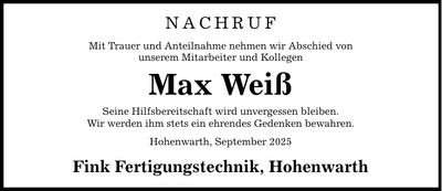 Traueranzeige Max Weiß