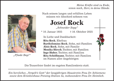 Traueranzeige Josef Rock