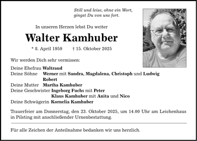 Traueranzeige Walter Kamhuber