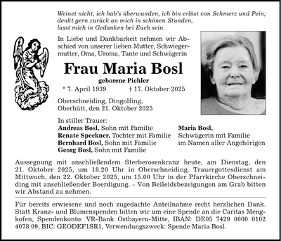 Traueranzeige Maria Bosl
