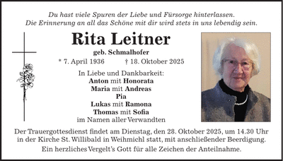 Traueranzeige Rita Leitner