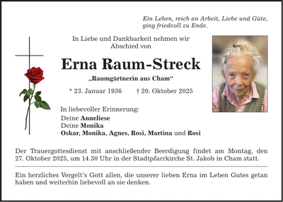 Traueranzeige Erna Raum-Streck