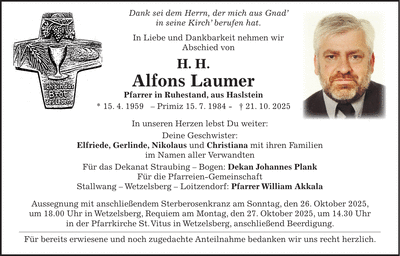 Traueranzeige H. H. Alfons Laumer