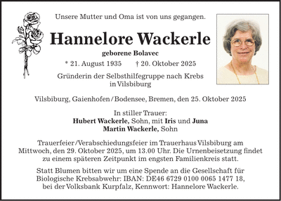 Traueranzeige Hannelore Wackerle