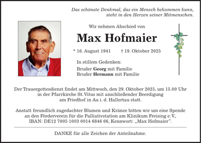 Traueranzeige Max Hofmaier