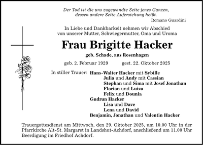 Traueranzeige Brigitte Hacker