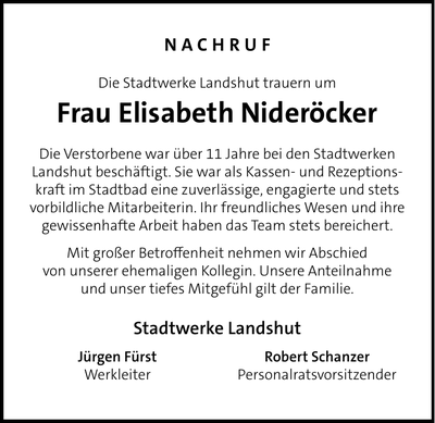 Traueranzeige Elisabeth Nideröcker