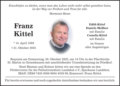 Traueranzeige Franz Kittel