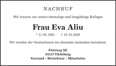 Traueranzeige Eva Aliu