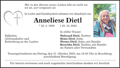 Traueranzeige Anneliese Dietl