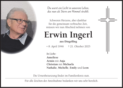 Traueranzeige Erwin Ingerl