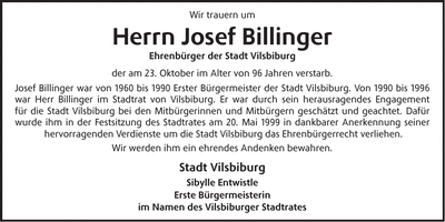 Traueranzeige Josef Billinger