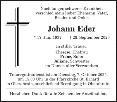 Traueranzeige Johann Eder