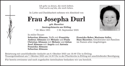 Traueranzeige Josepha Durl