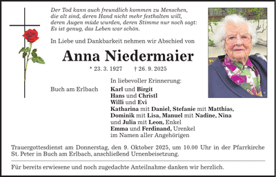 Traueranzeige Anna Niedermaier