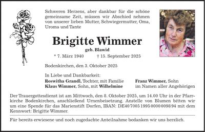 Traueranzeige Brigitte Wimmer
