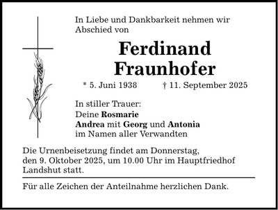 Traueranzeige Ferdinand Fraunhofer