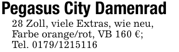 Pegasus City Damenrad28 Zoll, viele Extras, wie neu,Farbe orange/rot, VB 160 €;Tel. 0179/1215116