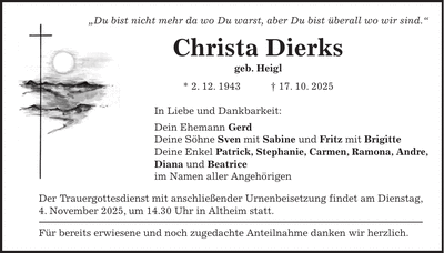 Traueranzeige Christa Dierks
