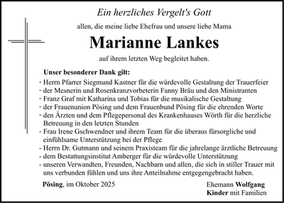 Traueranzeige Marianne Lankes